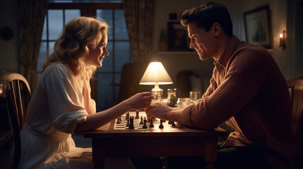 A couple enjoying a romantic 4th of July themed dinner under fireworks.