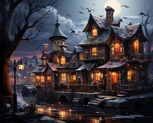 Fototapeta na wymiar Fantasy winter landscape with old wooden houses in the village at night