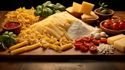 Traditional italian food. Raw homemade Italian various types of pasta, , tomatoes, basil, cheese, paprika, flour on dark wooden table.