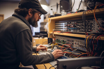 Sound engineers fine-tuning audio equipment, with room for sound design explanations