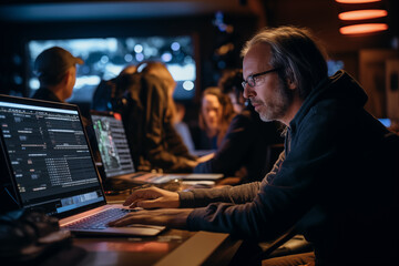 Obraz premium Film editors editing movie scenes, with room for post-production insights