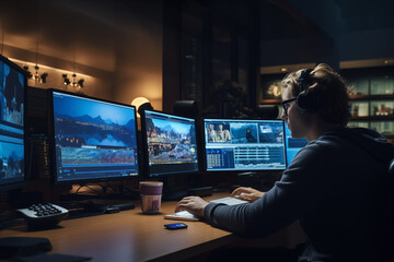 Film editors editing movie scenes, with room for post-production insights - obrazy, fototapety, plakaty