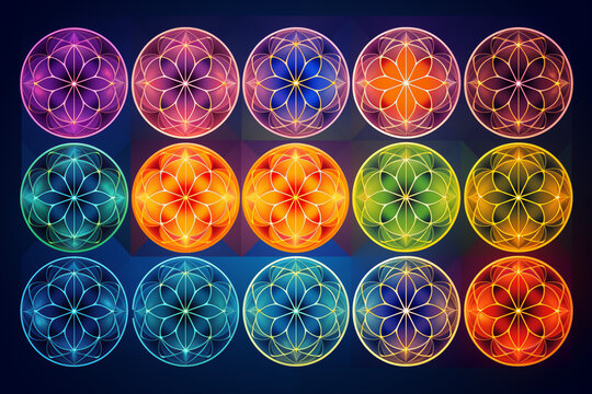 Sacred geometry patterns in vibrant colors, with room for mystical meanings