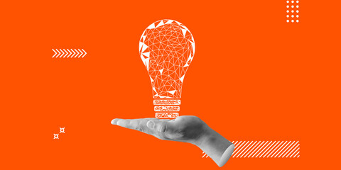 Innovation, illuminating of creativity. Hand holds a schematic light bulb. minimalist art collage