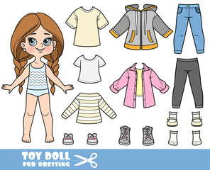 Cartoon long hair braided girl and clothes separately -  dresses, t-shirts and shirt, jacket, leggings, jeans and sneakers doll for dressing