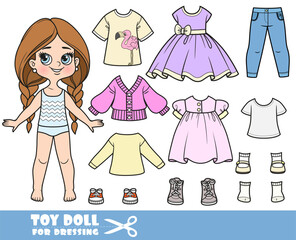 Cartoon long hair braided girl and clothes separately -  dresses, t-shirts,jacket, jeans and sneakers doll for dressing