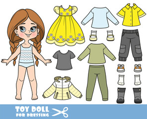 Cartoon long hair braided girl and clothes separately -  long sleeves, breeches, boots, insulated jacket , casual dress, jeans and sneakers