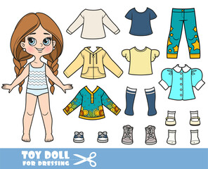 Cartoon long hair braided girl and clothes separately -  shirt, tunic, jacket, high socks, elegant blouse, jeans with stars and sneakers doll for dressing