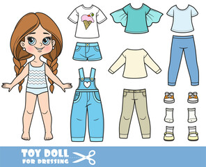Cartoon long hair braided girl and clothes separately -  long sleeves, shirt, denim overalls, short shorts,jeans and sneakers