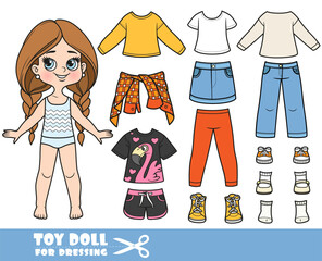 Cartoon long hair braided girl and clothes separately -  flamingo t-shirt, long sleeve, knotted plaid shirt, denim skirt, short shorts, jeans and sneakers doll for dressing