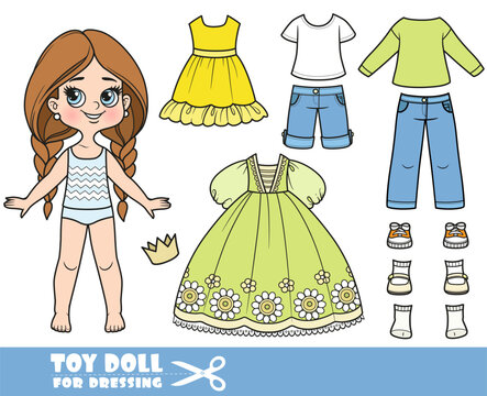 Cartoon long hair braided girl and clothes separately -  embroidered  Princess ball gown with crown, casual dress, denim shorts, jeans and sneakers