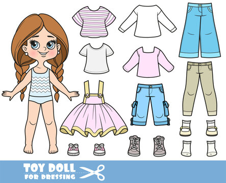 Cartoon long hair braided girl and clothes separately -  strappy skirt, striped T-shirt, long sleeves, shirt, jeans and sneakers doll for dressing
