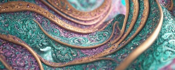 a close up of a painting with gold and green
