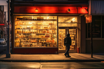 A man standing in front of a display of bottles in alcohol store. - obrazy, fototapety, plakaty