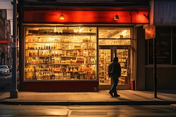 Foto op Plexiglas A man standing in front of a display of bottles in alcohol store. © Degimages