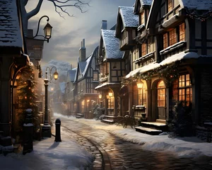 Gordijnen Winter night in the old town of Montreal, Quebec, Canada. © Iman