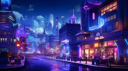 Night city panorama with street lights and skyscrapers. 3d rendering