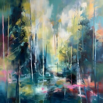 Abstract painting of trees in a forest. Can be used as background