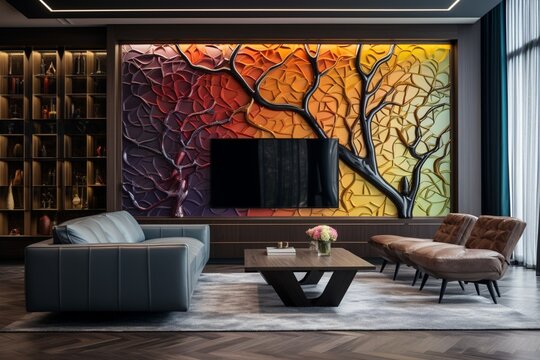 Modern living room featuring a 3D intricate colorful tree pattern on the wall, with a sleek, built-in media console.