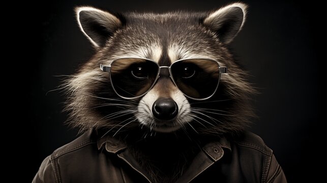 portrait of raccoon face wearing sunglasses