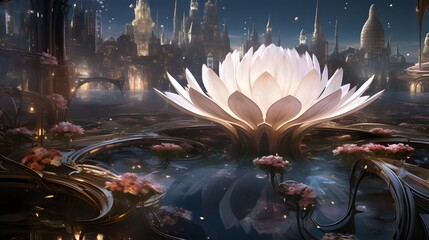 Beautiful lotus flower in the pond. 3d illustration.