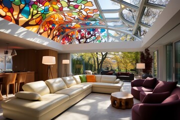 Modern living room with a 3D intricate colorful tree pattern wall and a series of skylights for natural lighting.