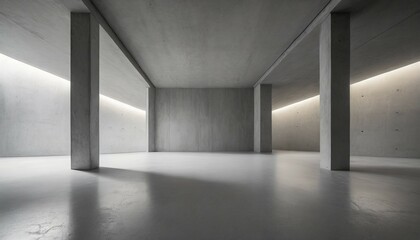 abstract empty modern concrete room with indirect lighting from right with diagonal pillar and rough floor industrial interior background template