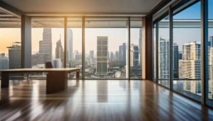 blurred of interior office room with city building background - obrazy, fototapety, plakaty