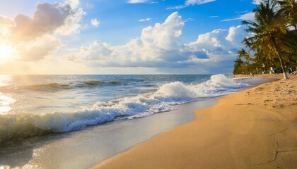 sandy beach blue cloudy sky and soft ocean wave with warm sunset light