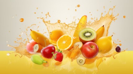 Orange, kiwi fruit, banana, tomato, watermelon, papaya juice. Fresh fruits and splashes, 3d vector icon set.,generative ai