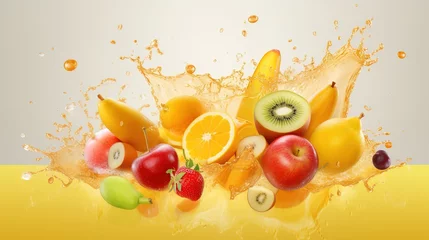  Orange, kiwi fruit, banana, tomato, watermelon, papaya juice. Fresh fruits and splashes, 3d vector icon set.,generative ai © irvan