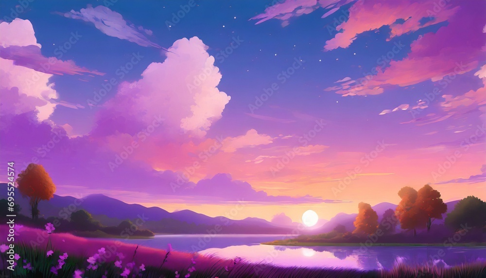 Wall mural beautiful landscape background sky clouds sunset view wallpaper landscape light colours purple anime