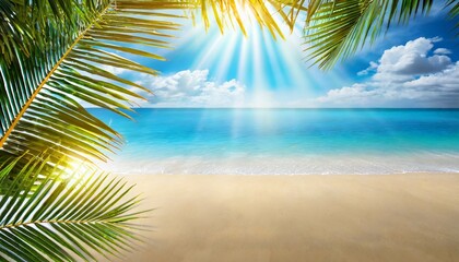 summer background with frame nature of tropical golden beach with rays of sun light and leaf palm golden sand beach close up sea water blue sky white clouds copy space summer vacation concept