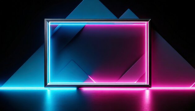 parallelogram rectangle picture frame with two tone neon color shade motion graphic on black background blue and pink light for overlay element 3d illustration rendering wallpaper backdrop