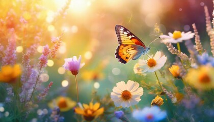 summer wild flowers and fly butterfly in a meadow at sunset macro image shallow depth of field abstract summer nature background