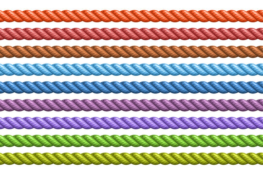 Vector Seamless Rope Set, group of illustration horizontal decorative multicolored long ropes, collection of many variety repeating plastic ropes on white background