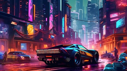 Futuristic car in a city at night. 3d rendering