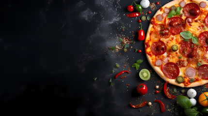 Fresh pizza pepperoni margarita out of the oven with ingredients and spices hot ready to serve and eat food commercial advertisement menu banner with copy space area - Generated by Generative AI - obrazy, fototapety, plakaty