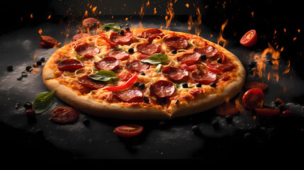 Fresh pizza pepperoni margarita out of the oven with ingredients and spices hot ready to serve and eat food commercial advertisement menu banner with copy space area - Generated by Generative AI