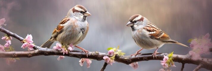Cute sparrows on spring branch, wide banner with nature outdoor background.