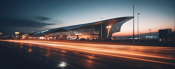 Airport terminal at night view with motion blur and lights - obrazy, fototapety, plakaty