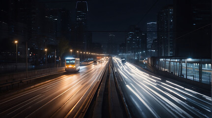 Fototapeta na wymiar Modern highway in the city at night moving cars with motion blur