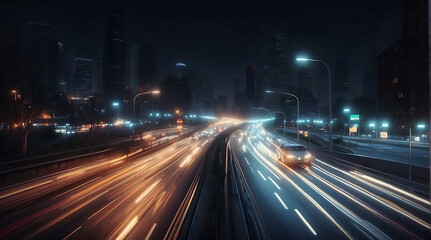 Modern highway in the city at night moving cars with motion blur