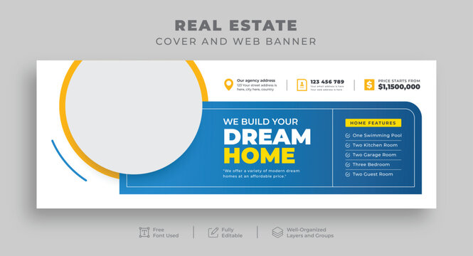 Real estate home sale or Construction renovation handyman Facebook cover for Realtor House rent repair, Editable multipurpose Web banner for Interior Furniture Office sale, Social media cover template