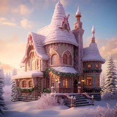 Foto auf Acrylglas Fairy-tale house in the winter forest at sunset. 3D rendering © Iman