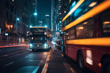 Bus on the street at night in New York City, Toned image, motion blur