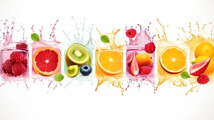Orange, kiwi fruit, banana, tomato, watermelon, papaya juice. Fresh fruits and splashes, 3d vector icon set.,generative ai