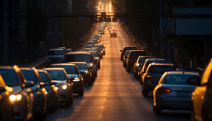 Traffic jam in the city bridge at sunset.