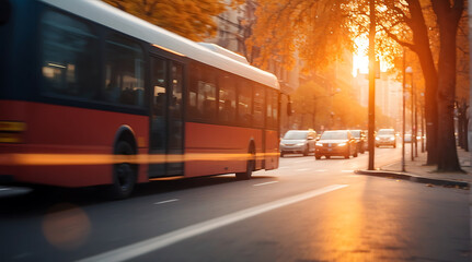 Public transport bus on the city street at sunset. Blurred motion. Travel concept - obrazy, fototapety, plakaty