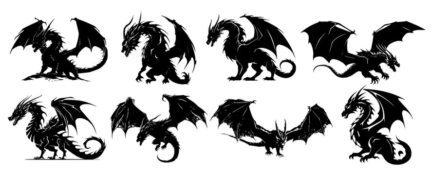 Set of dragon silhouettes on a transparent background
